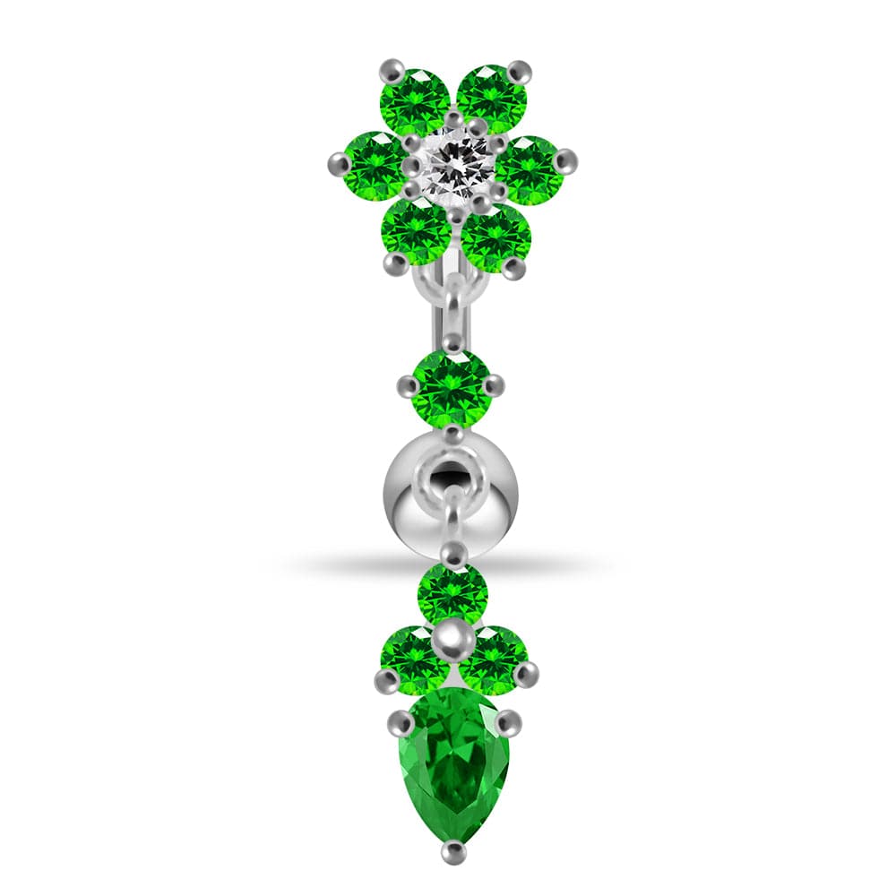 925 Sterling Silver Flower Moving Jeweled Belly Ring