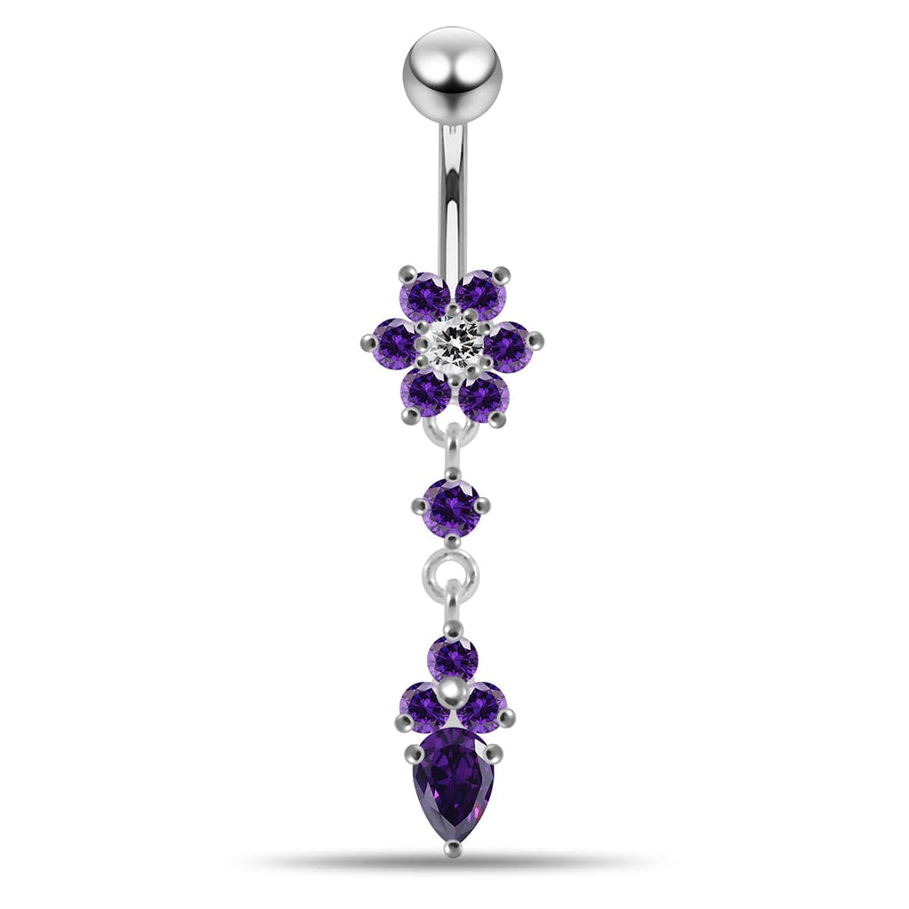 925 Sterling Silver Moving Jewelled Flower Design Belly Ring