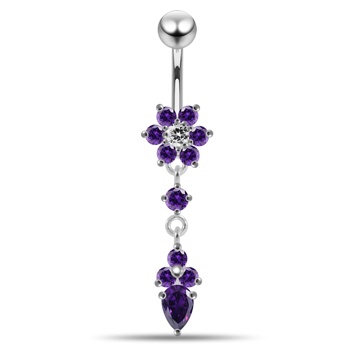 925 Sterling Silver Moving Jewelled Flower Design Belly Ring