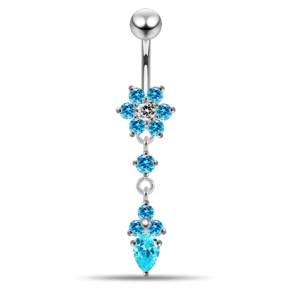 925 Sterling Silver Moving Jewelled Flower Design Belly Ring