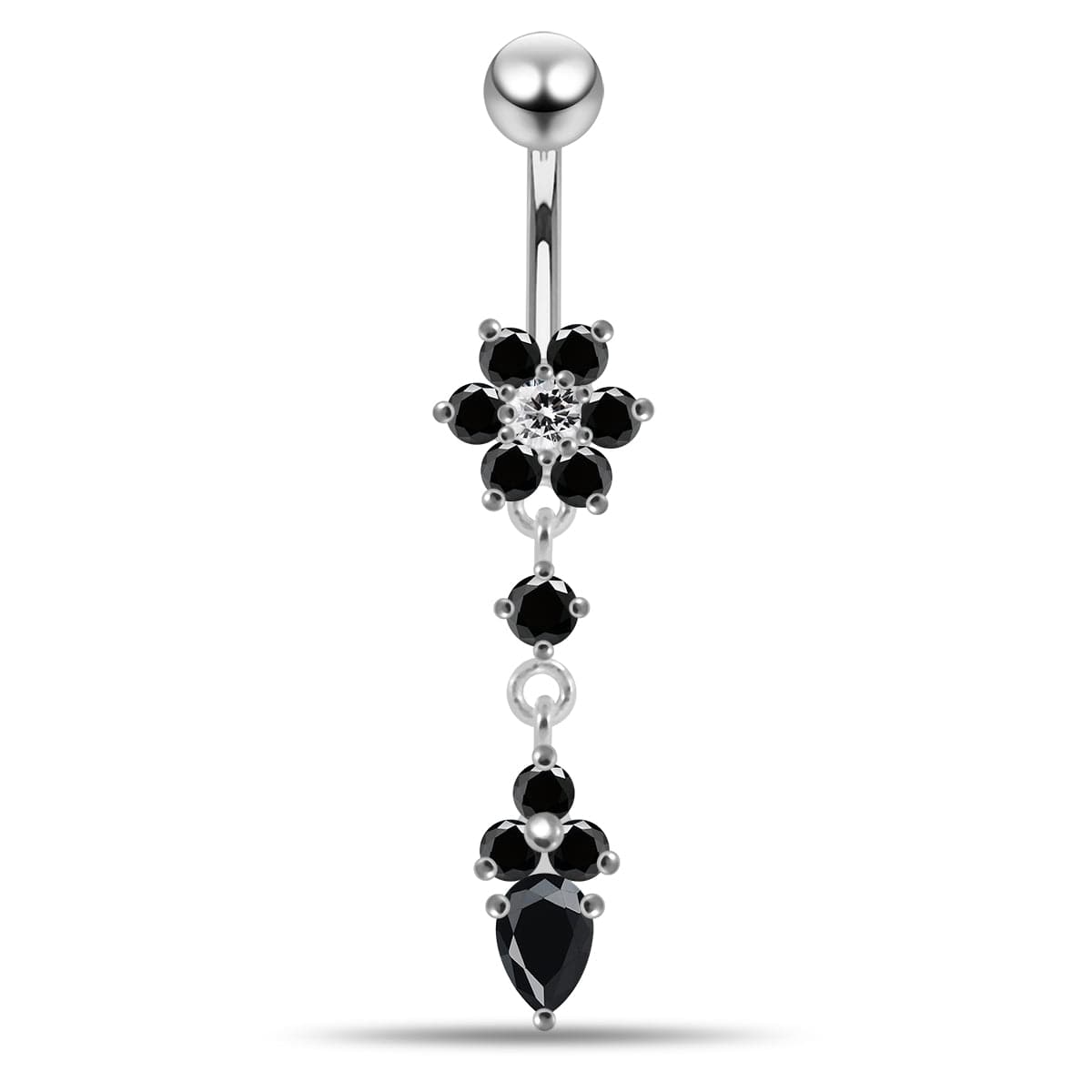 925 Sterling Silver Moving Jewelled Flower Design Belly Ring
