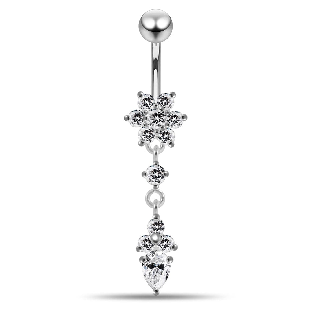 925 Sterling Silver Moving Jewelled Flower Design Belly Ring
