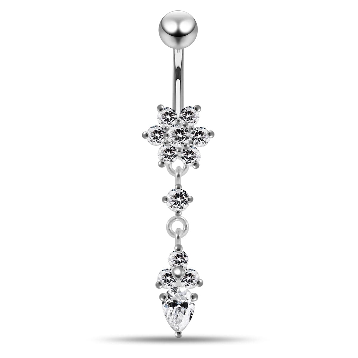 925 Sterling Silver Moving Jewelled Flower Design Belly Ring