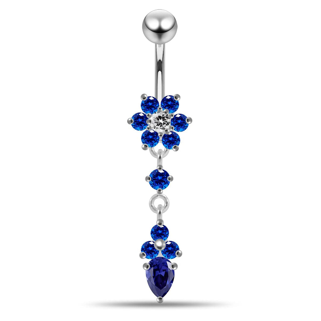 925 Sterling Silver Moving Jewelled Flower Design Belly Ring