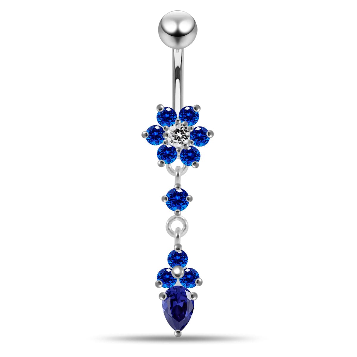 925 Sterling Silver Moving Jewelled Flower Design Belly Ring