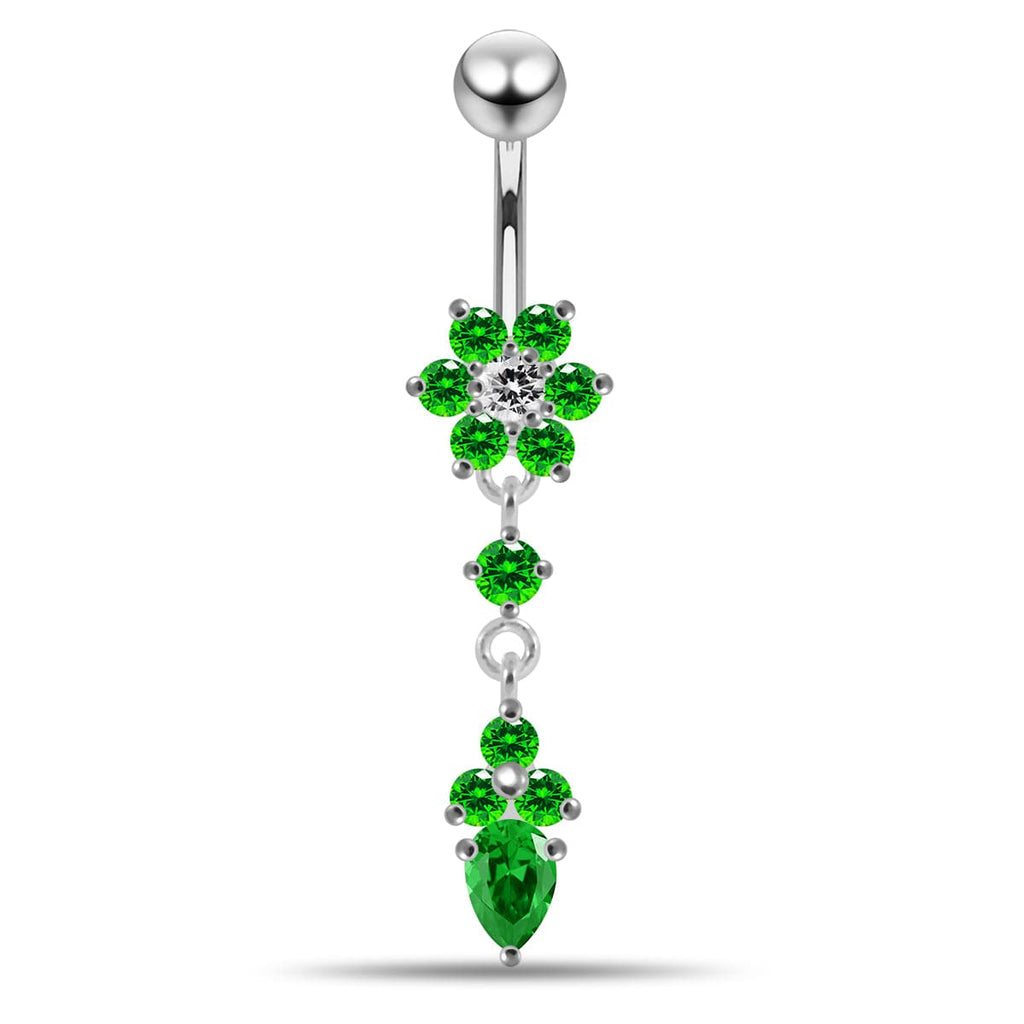 925 Sterling Silver Moving Jewelled Flower Design Belly Ring