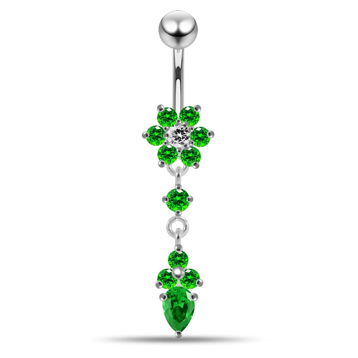 925 Sterling Silver Moving Jewelled Flower Design Belly Ring