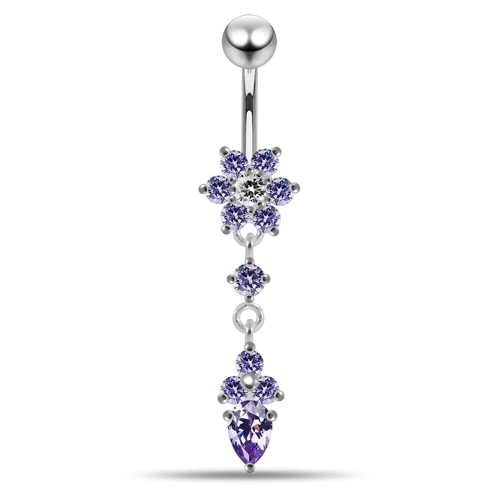 925 Sterling Silver Moving Jewelled Flower Design Belly Ring