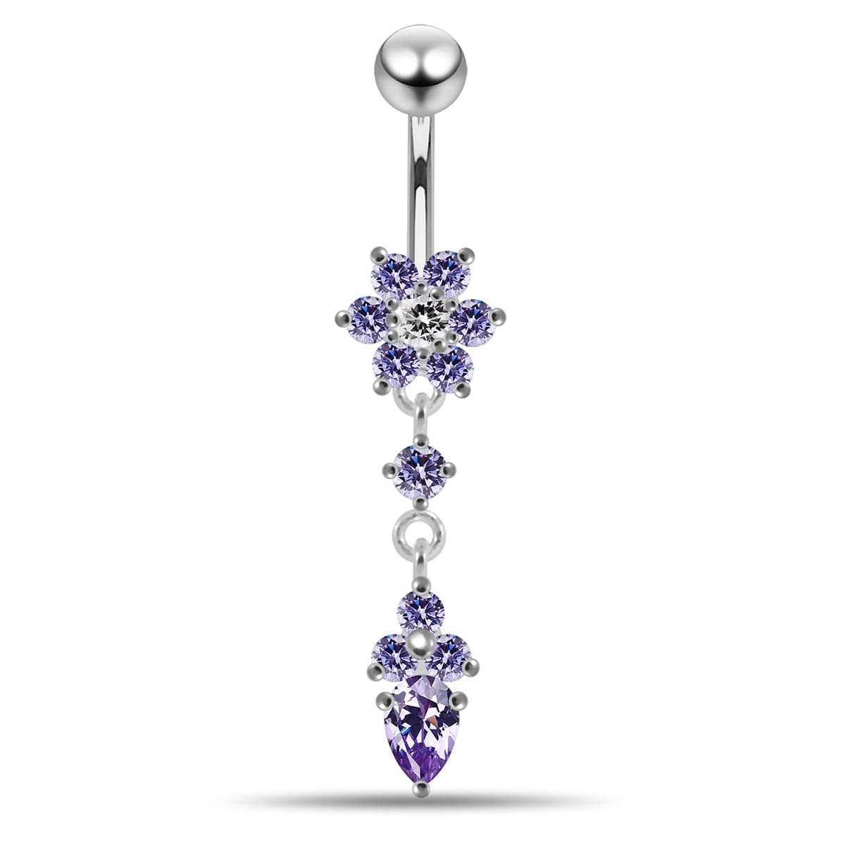925 Sterling Silver Moving Jewelled Flower Design Belly Ring