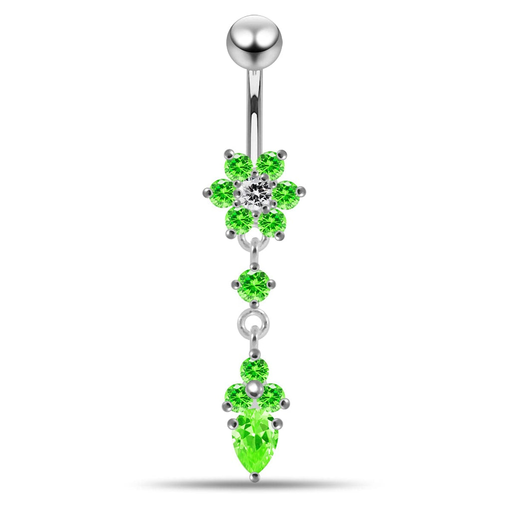 925 Sterling Silver Moving Jewelled Flower Design Belly Ring