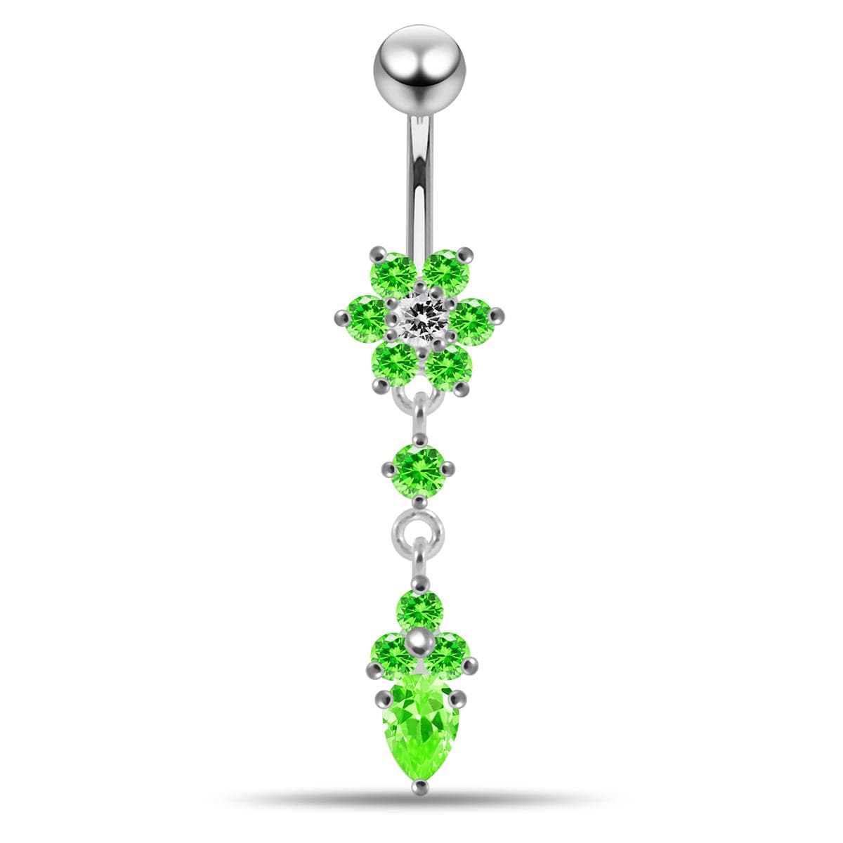 925 Sterling Silver Moving Jewelled Flower Design Belly Ring