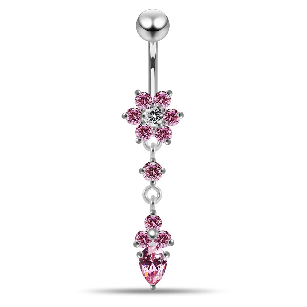 925 Sterling Silver Moving Jewelled Flower Design Belly Ring
