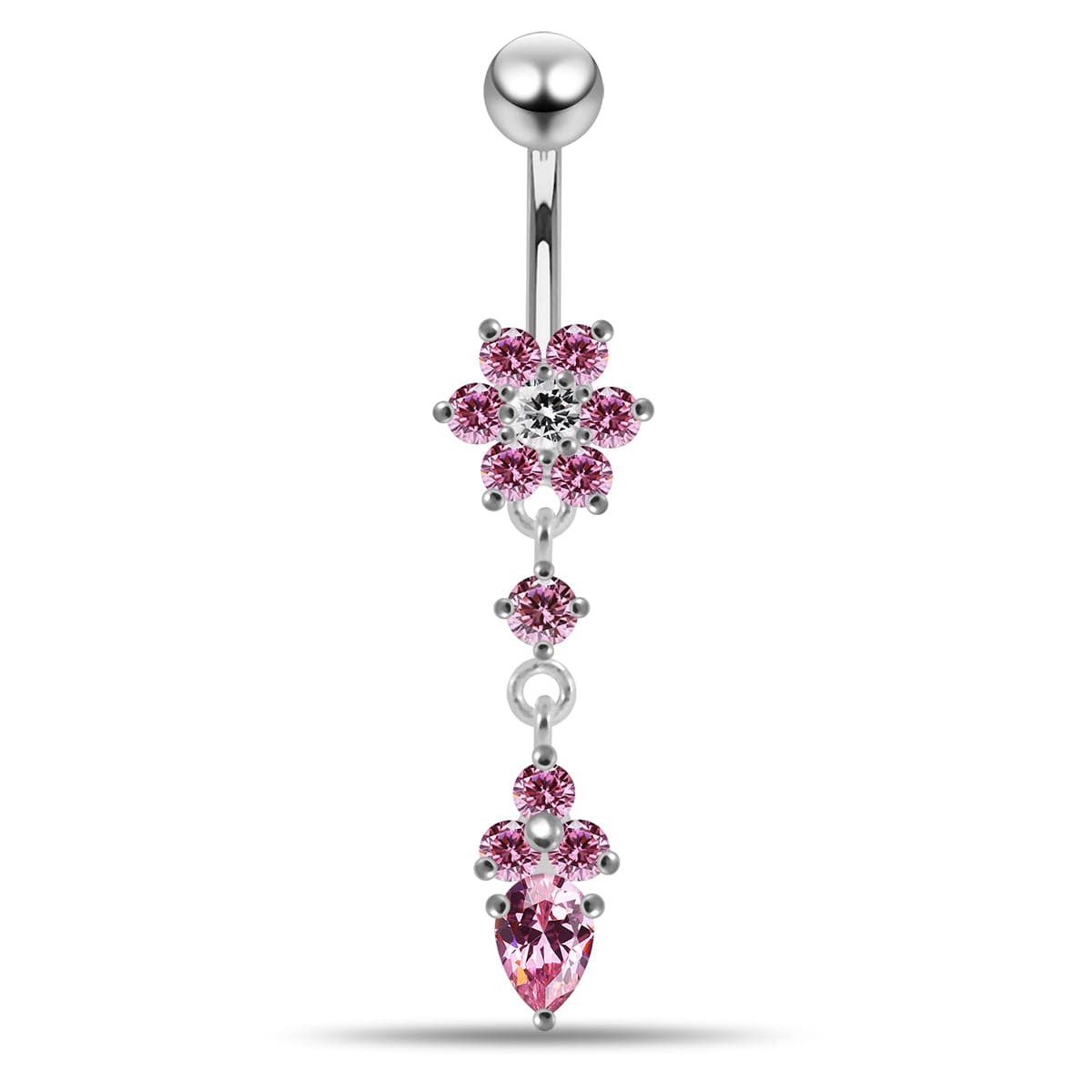 925 Sterling Silver Moving Jewelled Flower Design Belly Ring