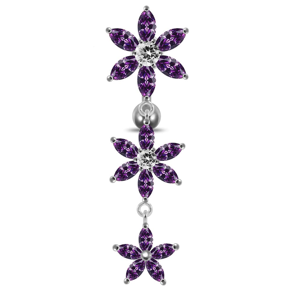 925 Sterling Silver Moving Jewelled Multi Flower Designed SS Curved Banana Bar Belly Ring
