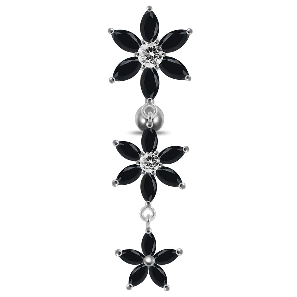 925 Sterling Silver Moving Jewelled Multi Flower Designed SS Curved Banana Bar Belly Ring