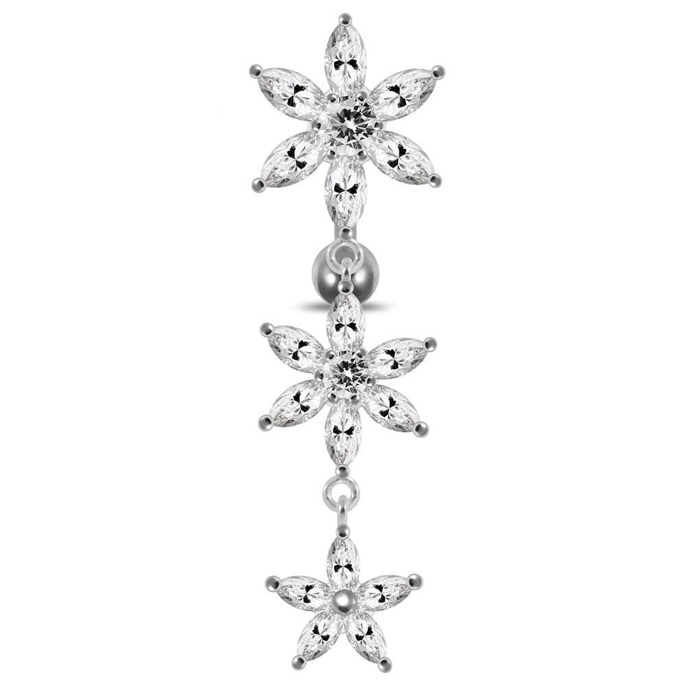 925 Sterling Silver Moving Jewelled Multi Flower Designed SS Curved Banana Bar Belly Ring