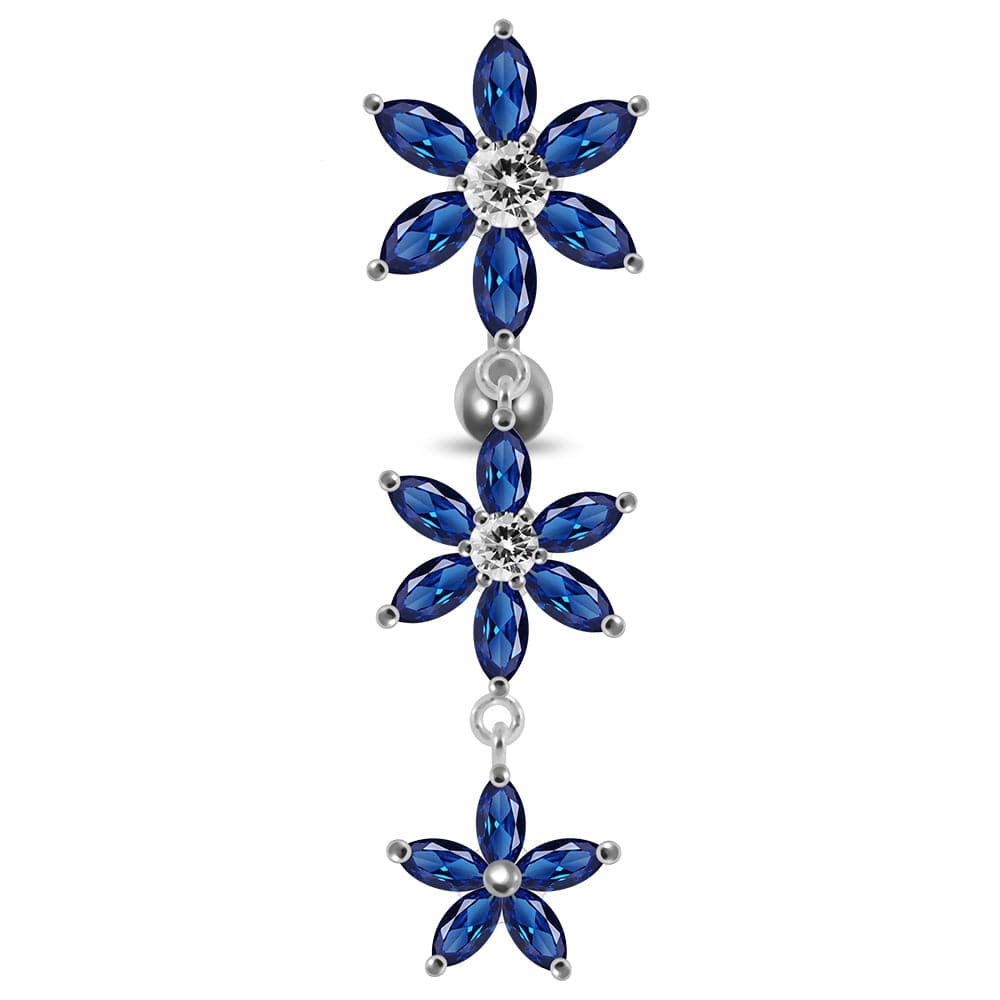 925 Sterling Silver Moving Jewelled Multi Flower Designed SS Curved Banana Bar Belly Ring