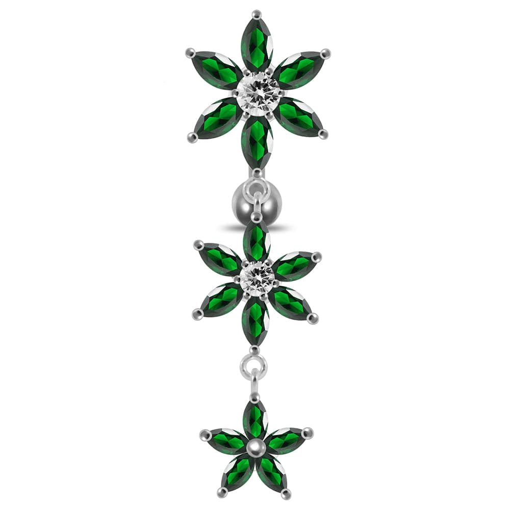 925 Sterling Silver Moving Jewelled Multi Flower Designed SS Curved Banana Bar Belly Ring