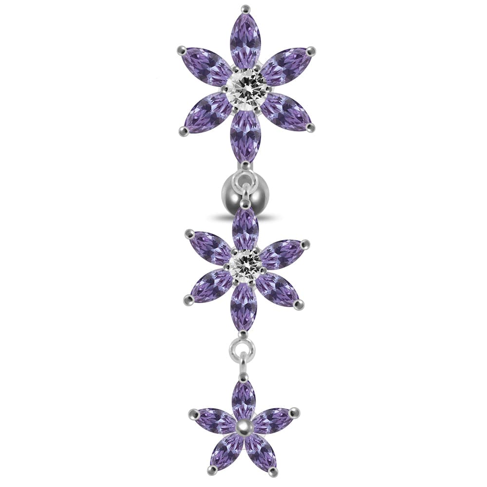 925 Sterling Silver Moving Jewelled Multi Flower Designed SS Curved Banana Bar Belly Ring