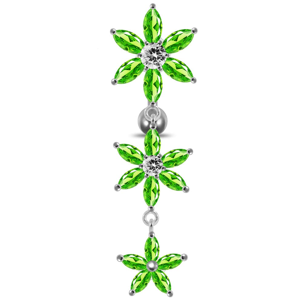 925 Sterling Silver Moving Jewelled Multi Flower Designed SS Curved Banana Bar Belly Ring