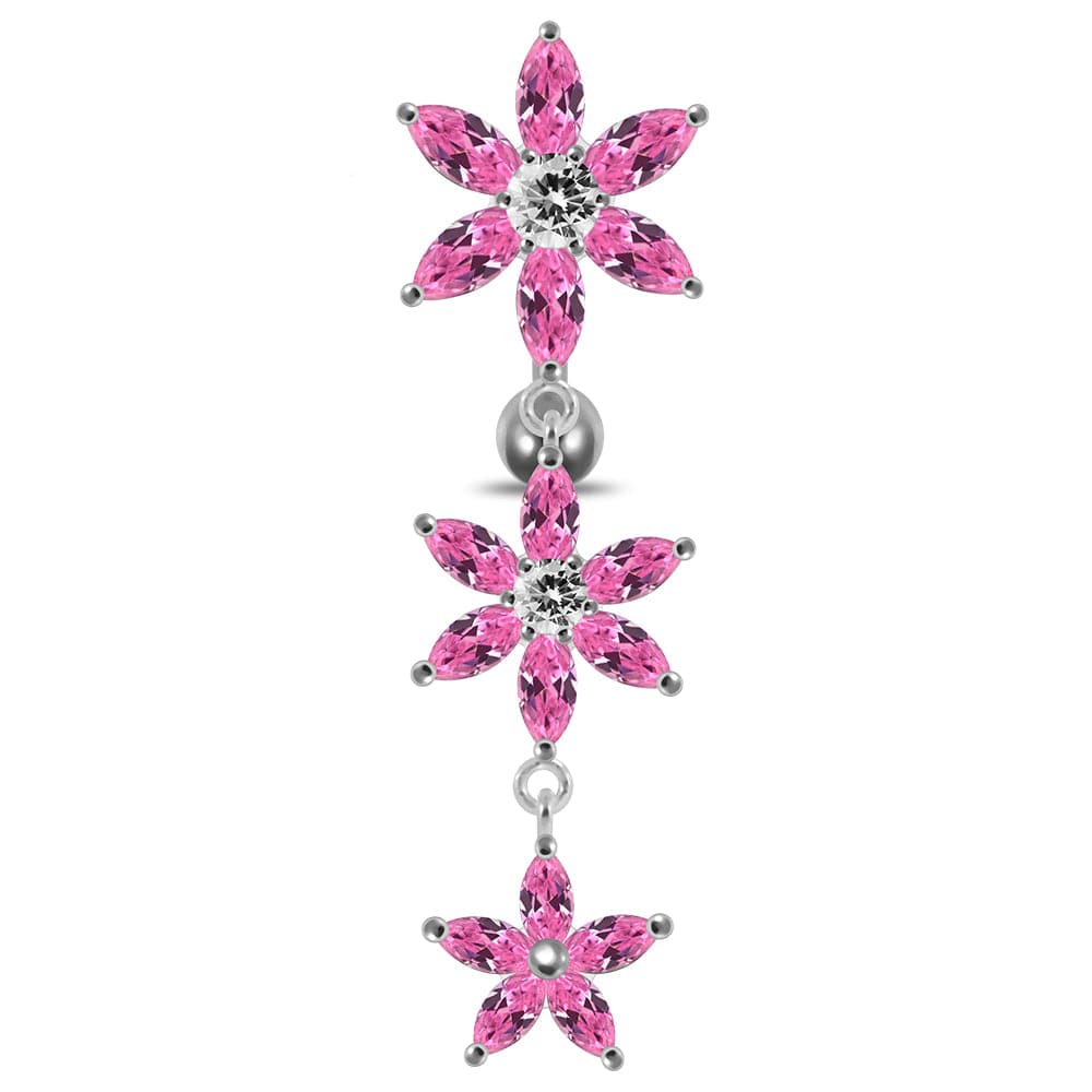 925 Sterling Silver Moving Jewelled Multi Flower Designed SS Curved Banana Bar Belly Ring