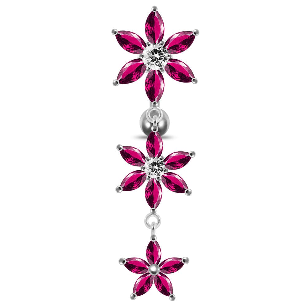 925 Sterling Silver Moving Jewelled Multi Flower Designed SS Curved Banana Bar Belly Ring