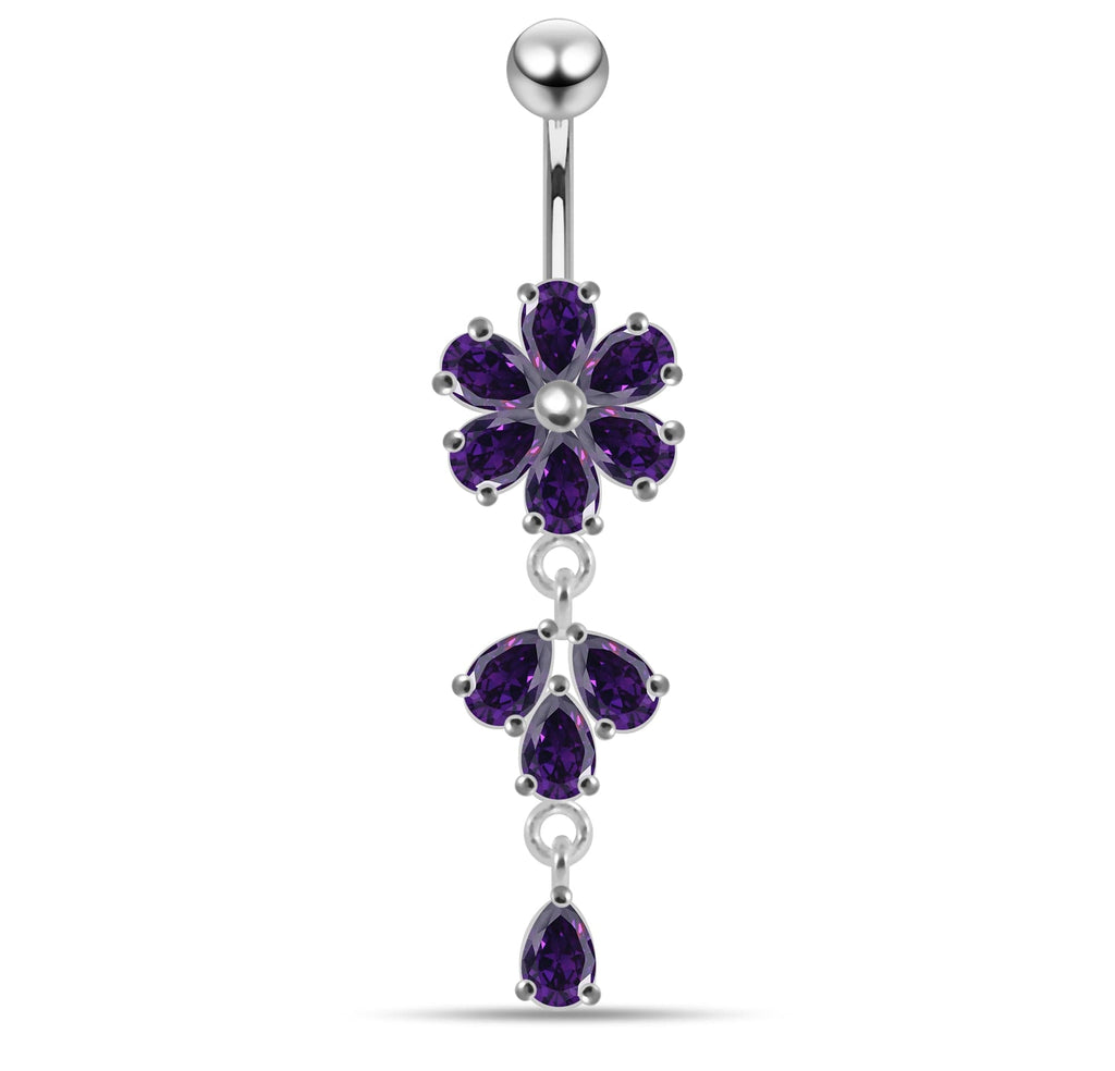 925 Sterling Silver Moving Flower Designed CZ Jewelled Navel Ring