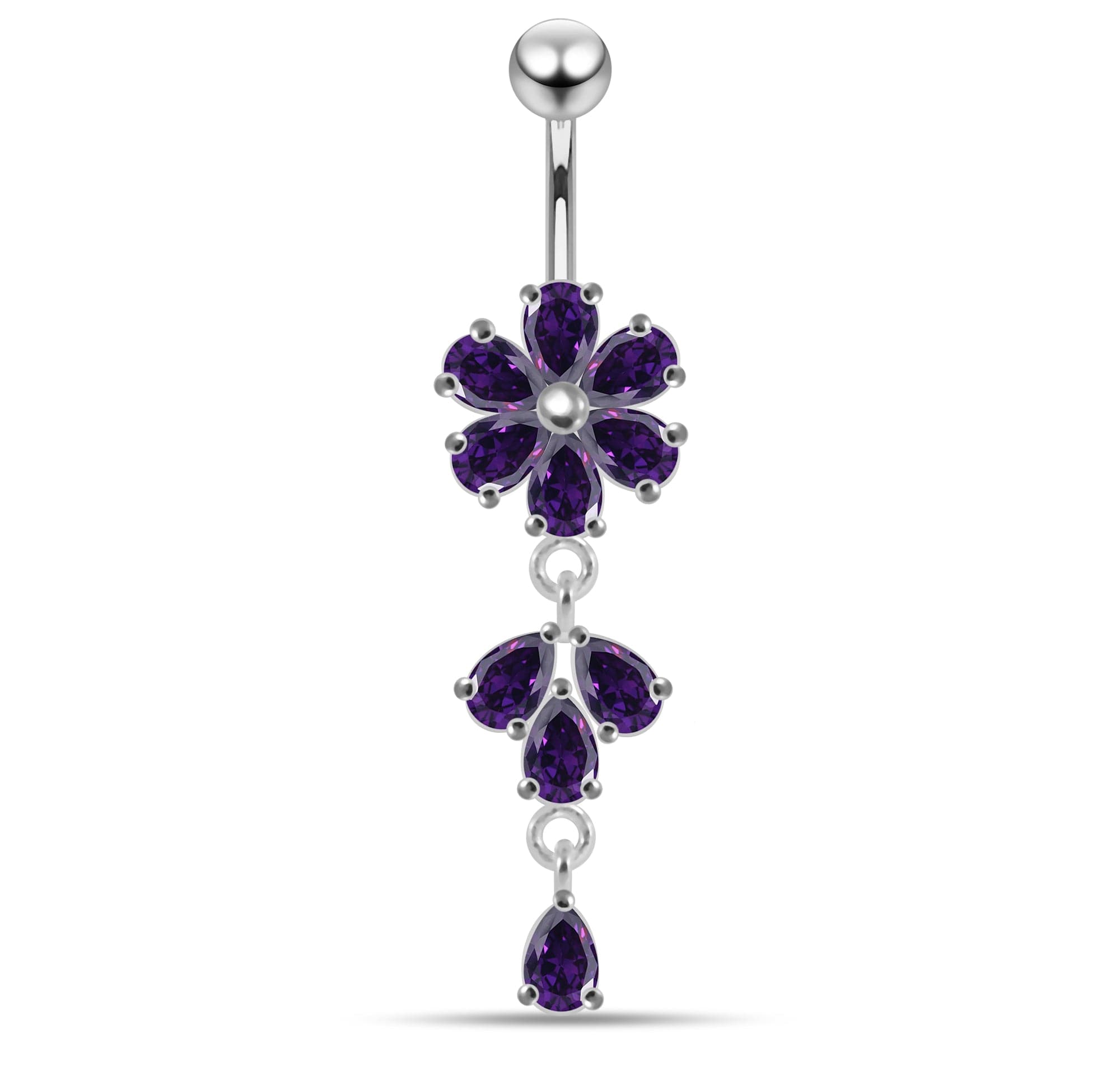 925 Sterling Silver Moving Flower Designed CZ Jewelled Navel Ring