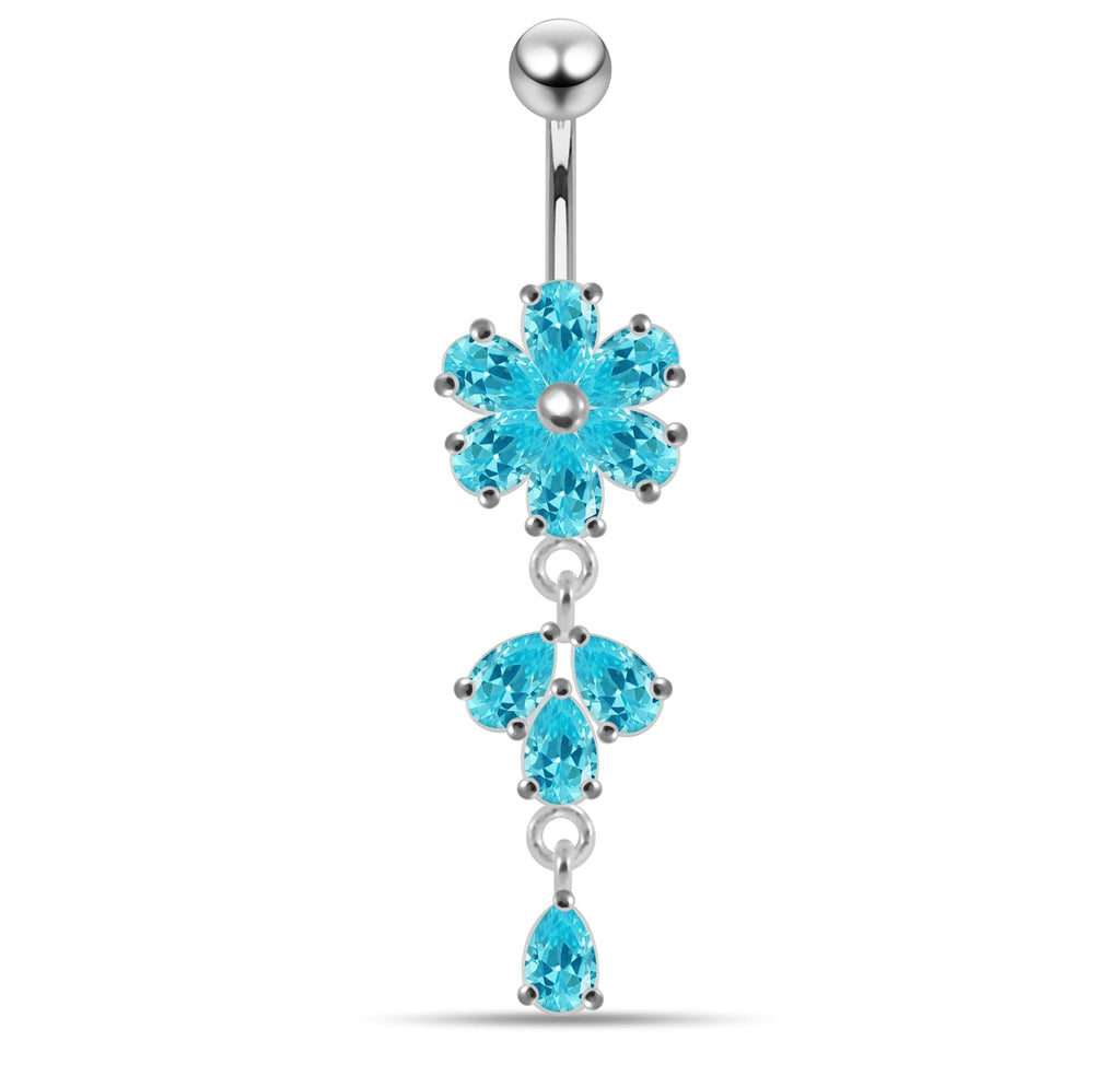 925 Sterling Silver Moving Flower Designed CZ Jewelled Navel Ring