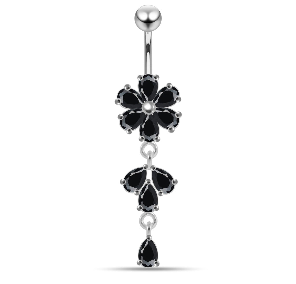 925 Sterling Silver Moving Flower Designed CZ Jewelled Navel Ring