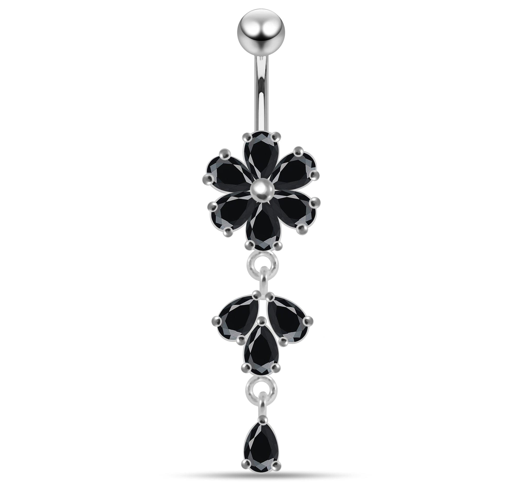 925 Sterling Silver Moving Flower Designed CZ Jewelled Navel Ring