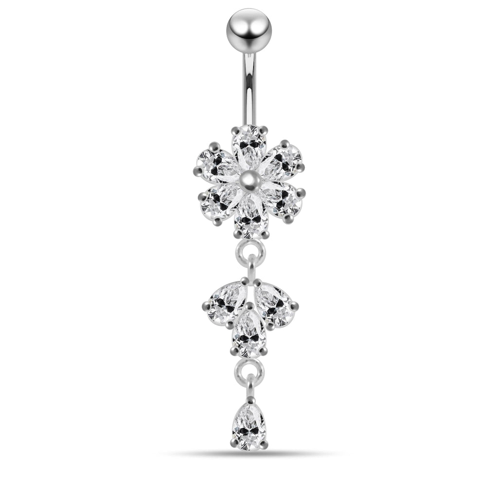 925 Sterling Silver Moving Flower Designed CZ Jewelled Navel Ring