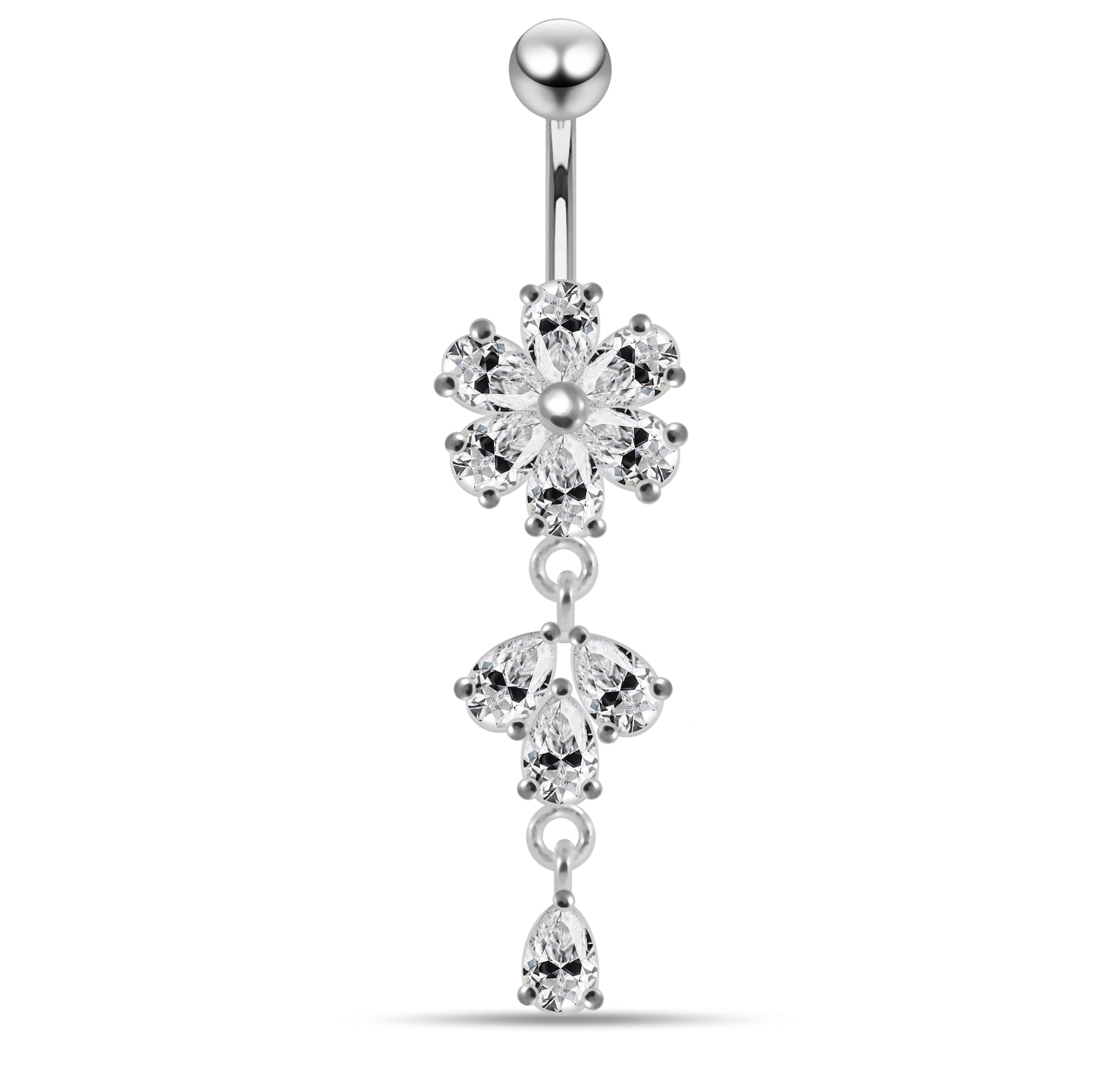925 Sterling Silver Moving Flower Designed CZ Jewelled Navel Ring