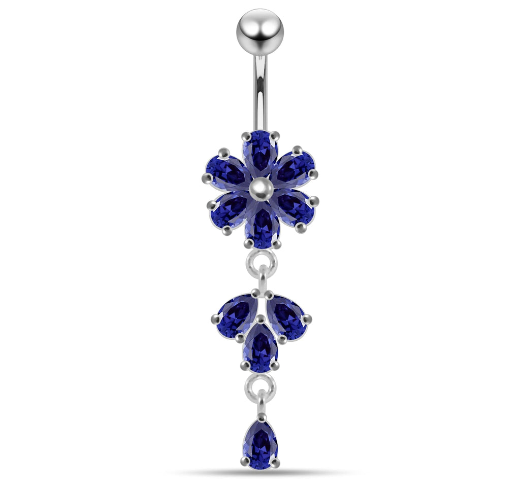 925 Sterling Silver Moving Flower Designed CZ Jewelled Navel Ring