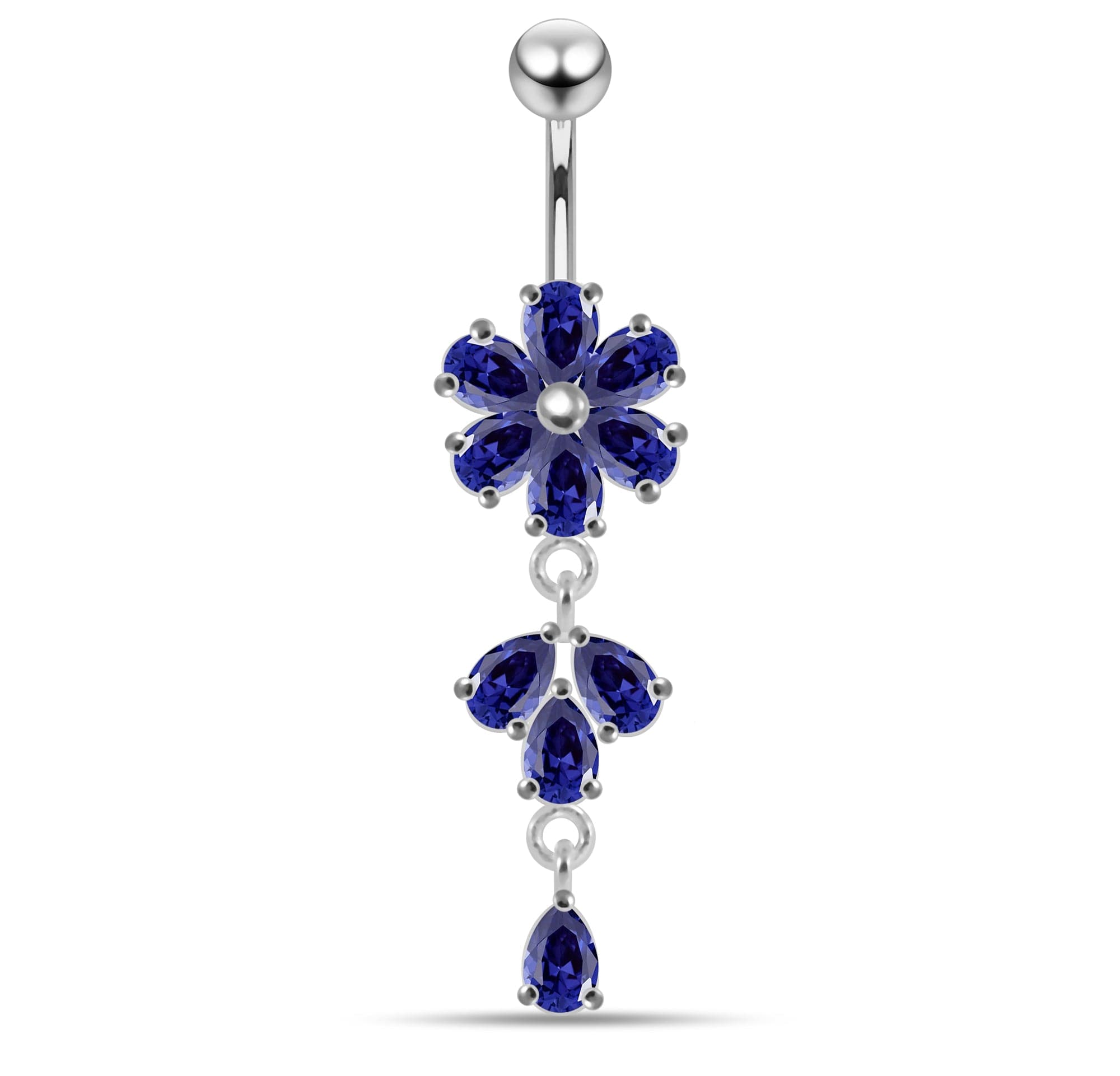 925 Sterling Silver Moving Flower Designed CZ Jewelled Navel Ring