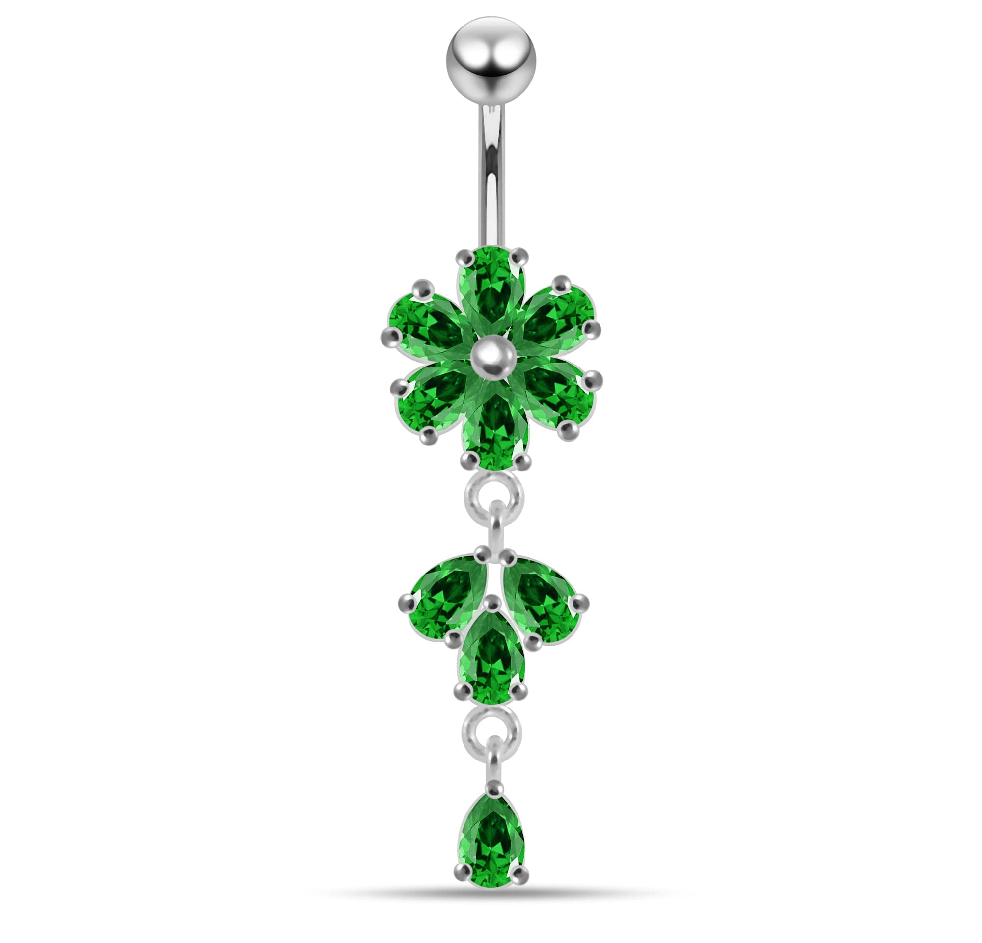 925 Sterling Silver Moving Flower Designed CZ Jewelled Navel Ring