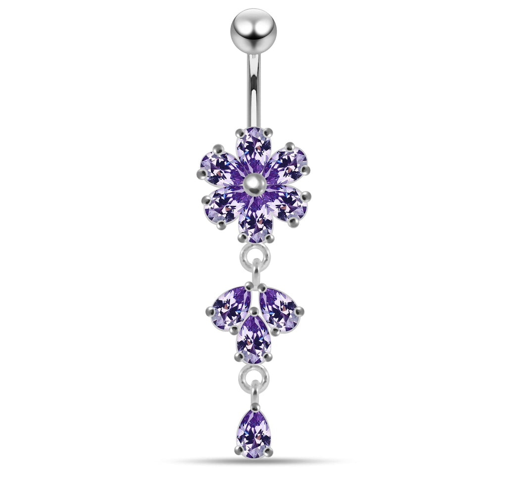 925 Sterling Silver Moving Flower Designed CZ Jewelled Navel Ring