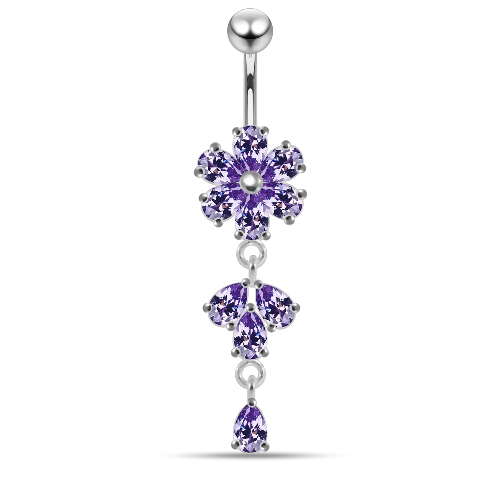 925 Sterling Silver Moving Flower Designed CZ Jewelled Navel Ring