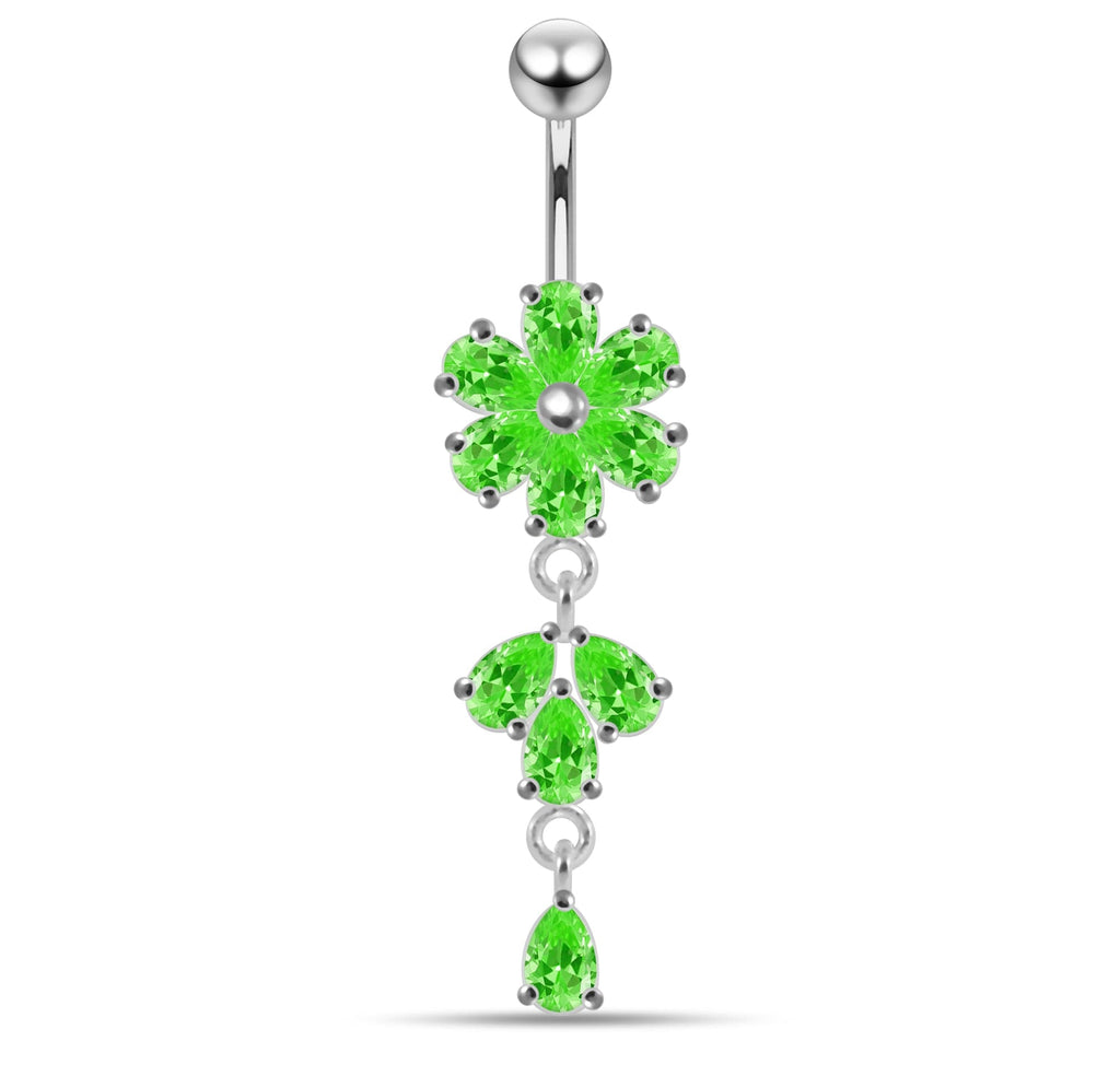 925 Sterling Silver Moving Flower Designed CZ Jewelled Navel Ring