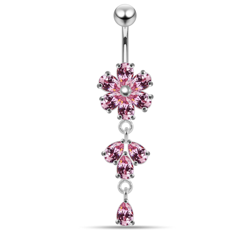 925 Sterling Silver Moving Flower Designed CZ Jewelled Navel Ring