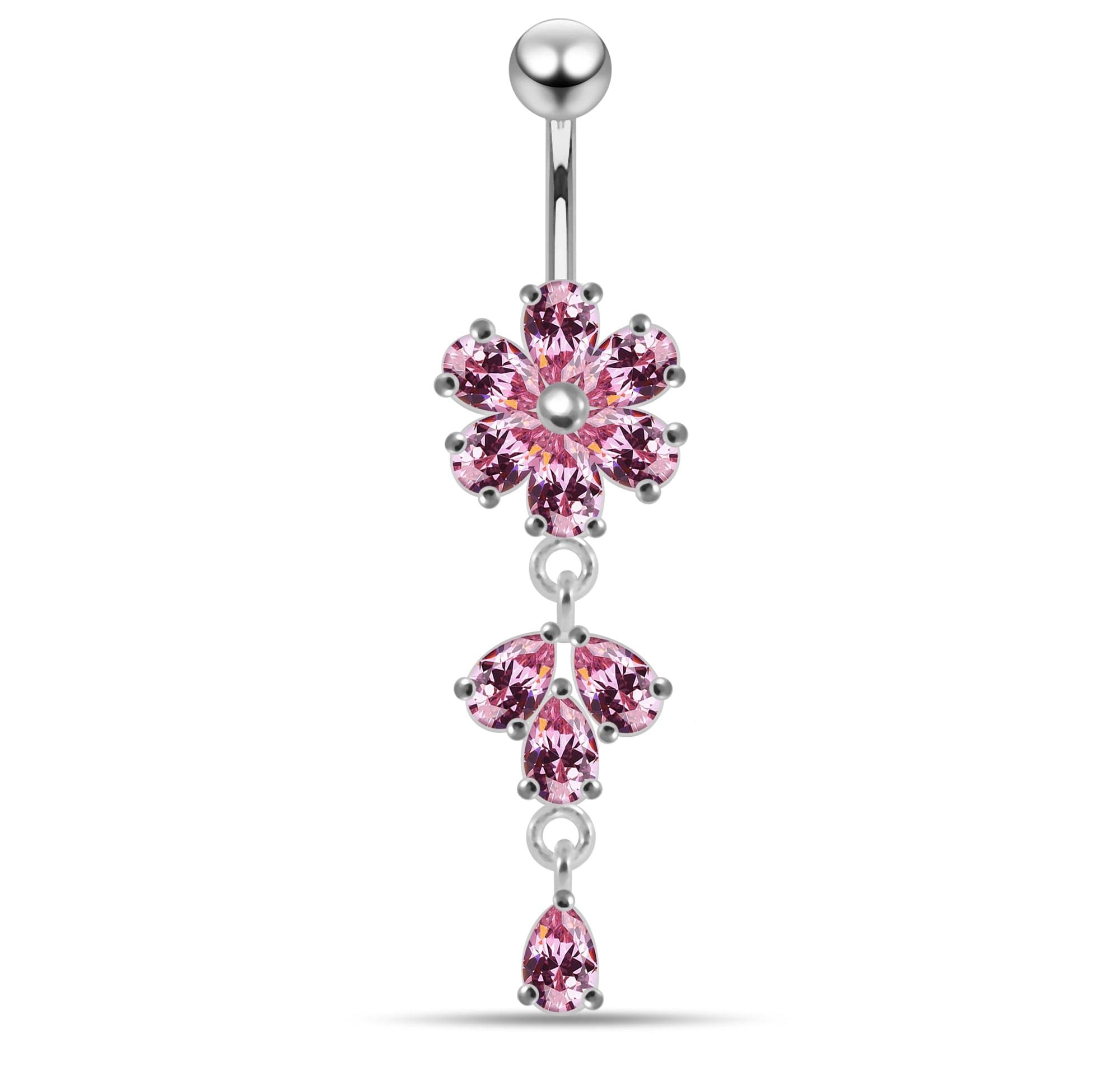 925 Sterling Silver Moving Flower Designed CZ Jewelled Navel Ring