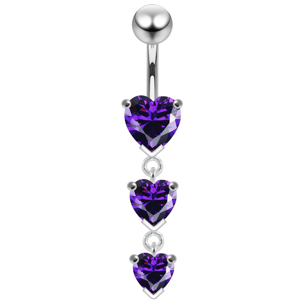 925 Sterling Silver Charm Trio Heart Jewelled Moving Navel Ring