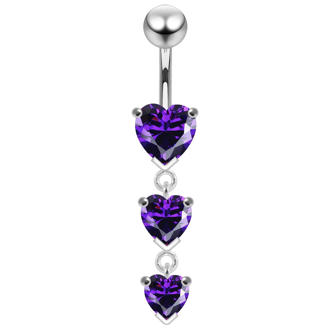 925 Sterling Silver Charm Trio Heart Jewelled Moving Navel Ring