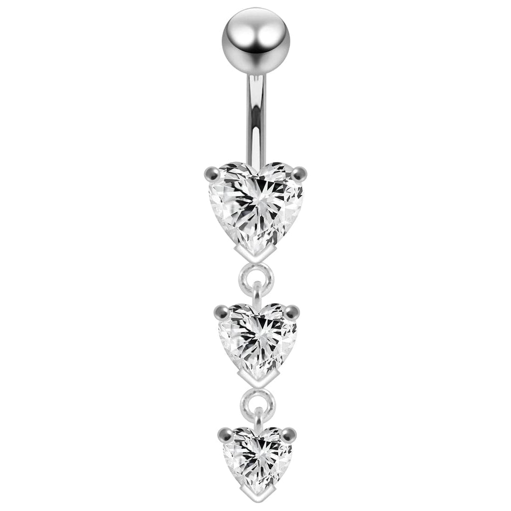 925 Sterling Silver Charm Trio Heart Jewelled Moving Navel Ring