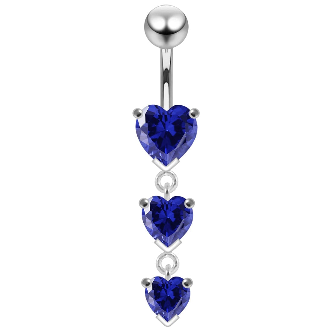 925 Sterling Silver Charm Trio Heart Jewelled Moving Navel Ring