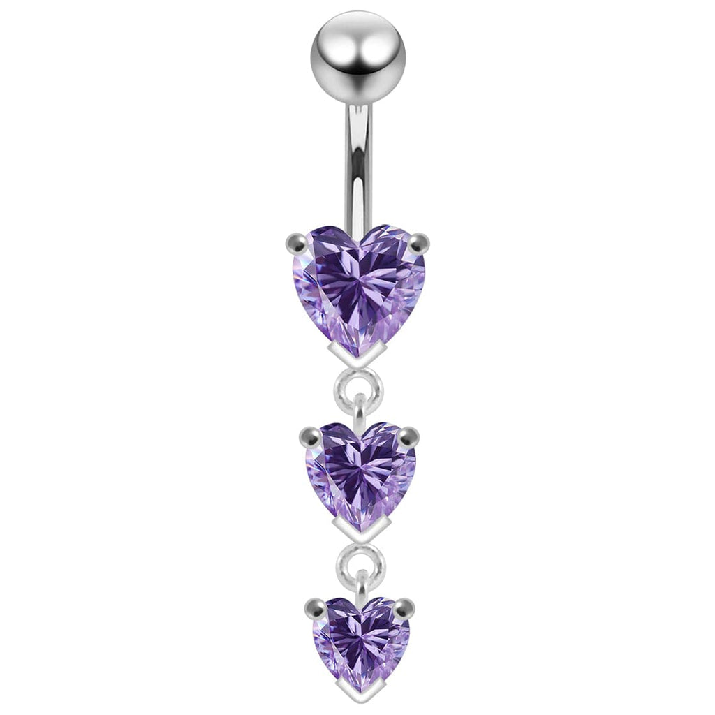 925 Sterling Silver Charm Trio Heart Jewelled Moving Navel Ring