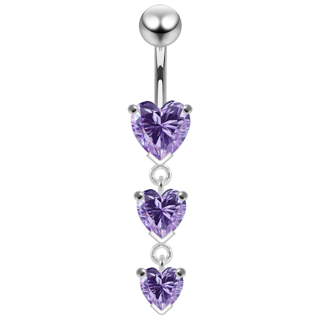 925 Sterling Silver Charm Trio Heart Jewelled Moving Navel Ring