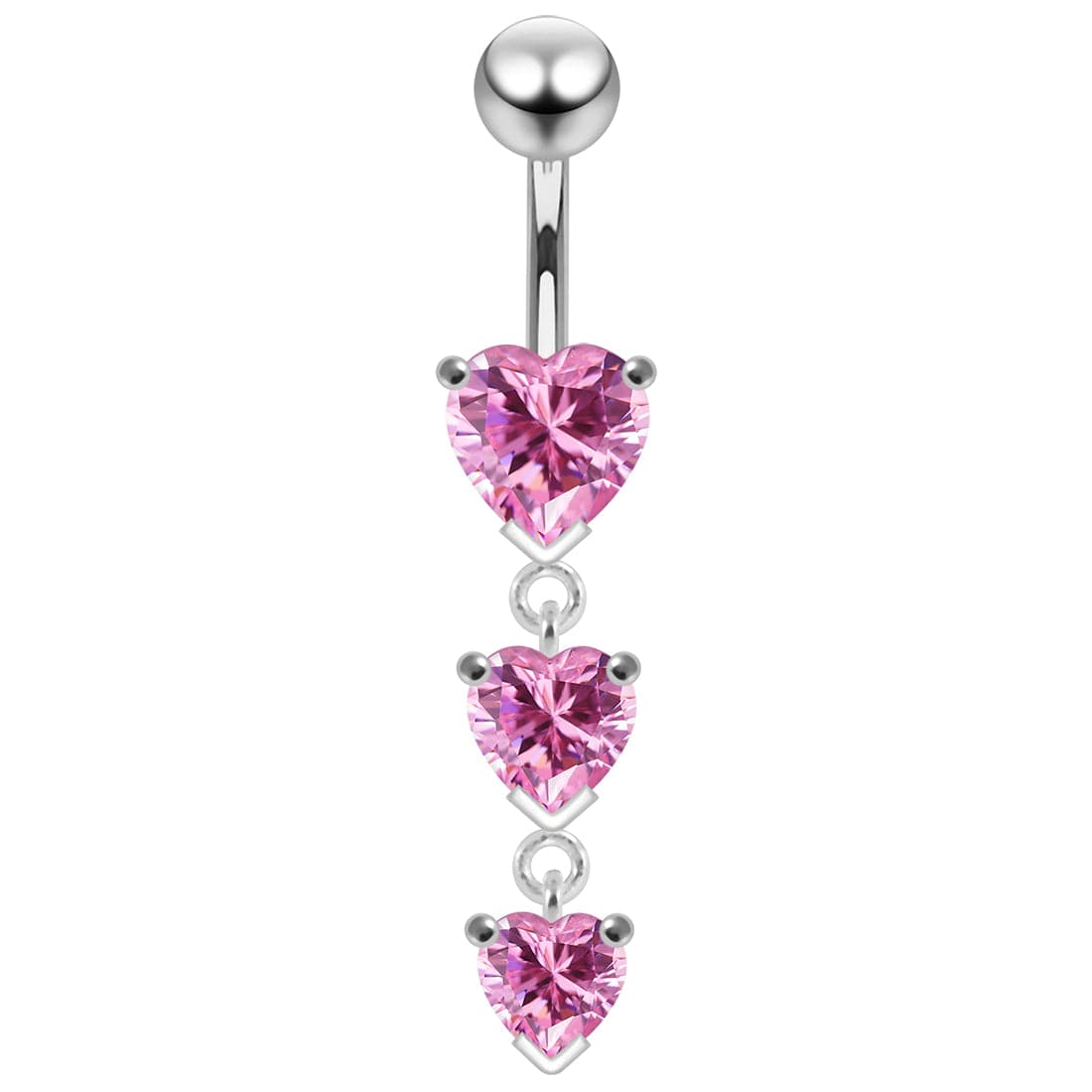 925 Sterling Silver Charm Trio Heart Jewelled Moving Navel Ring