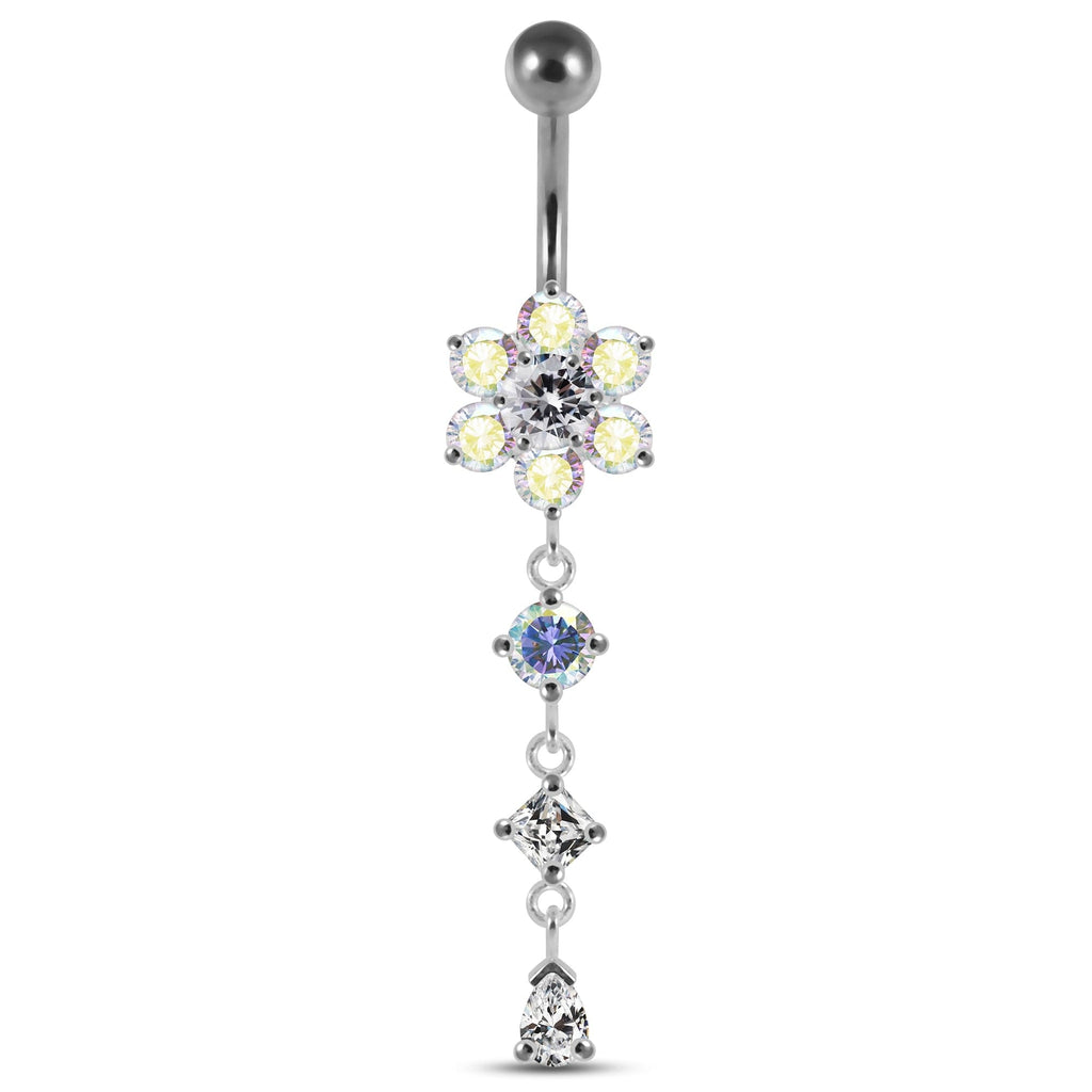 925 Sterling Silver Dangling Jewelled Flower Belly Bar