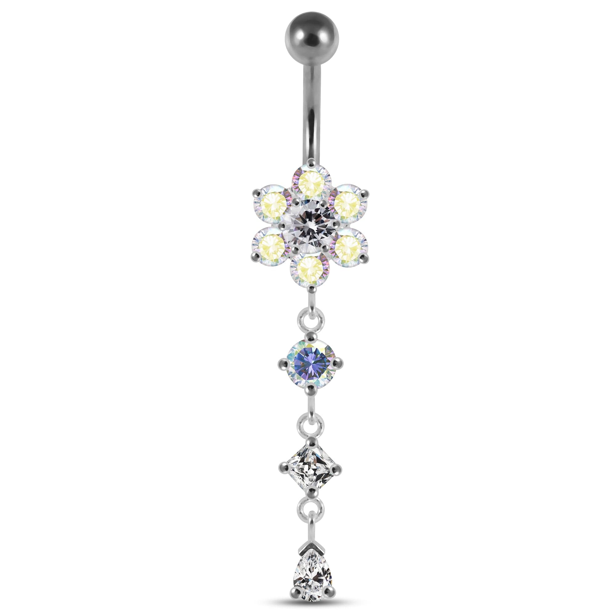 925 Sterling Silver Dangling Jewelled Flower Belly Bar